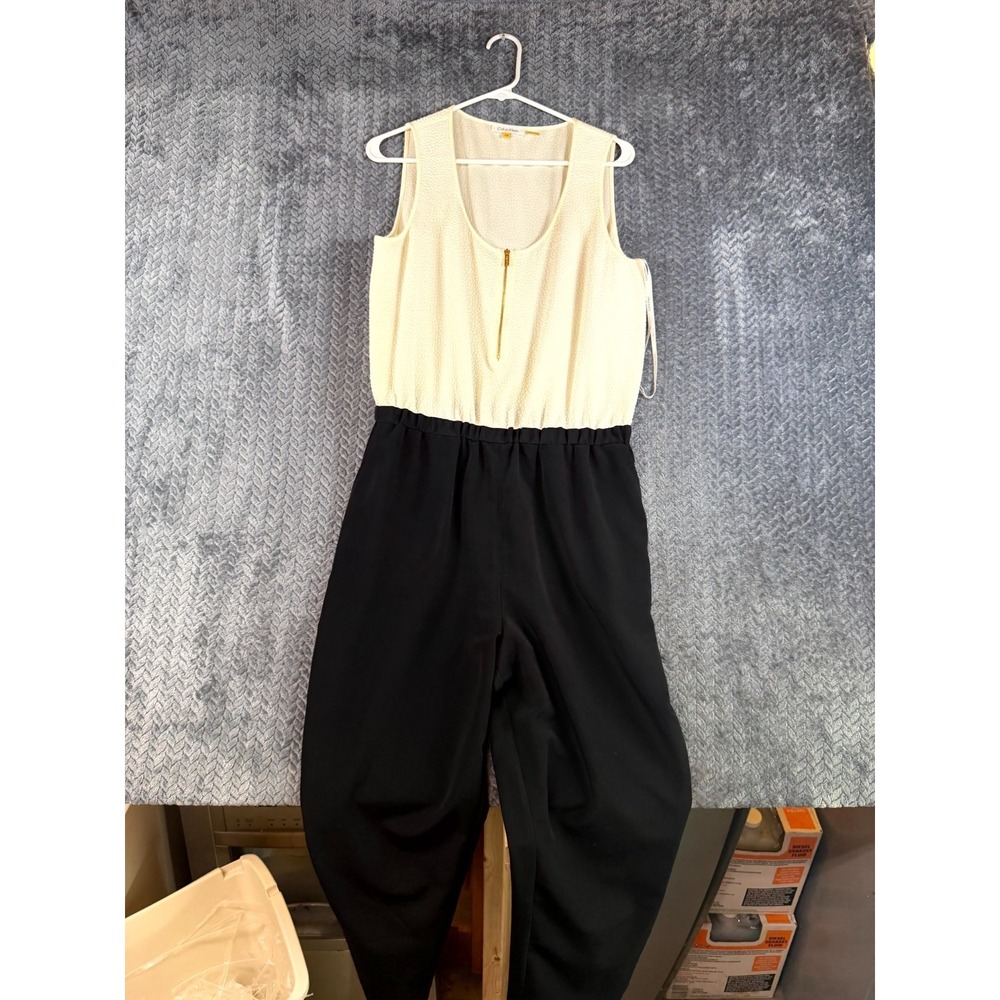Calvin Klein Jumpsuit Womens 10 Beige Black Colorblock Sleeveless Quarter Zip